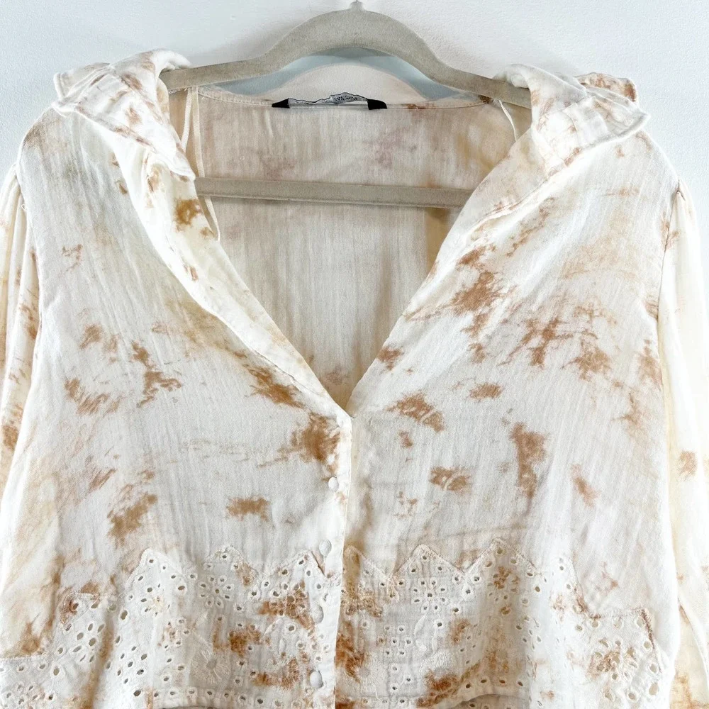 Zara Cream Tie-Dye Eyelet Lace Cropped Blouse